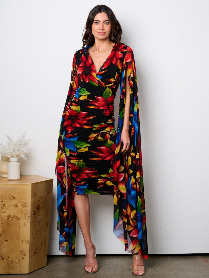 WOMEN'S LONG BELL SLEEVE V-NECK RUCHED FLORAL MIDI DRESS