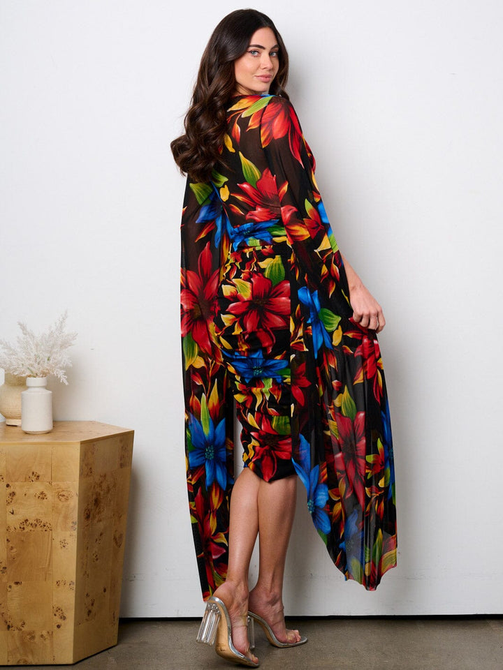 WOMEN'S LONG BELL SLEEVE V-NECK RUCHED FLORAL MIDI DRESS