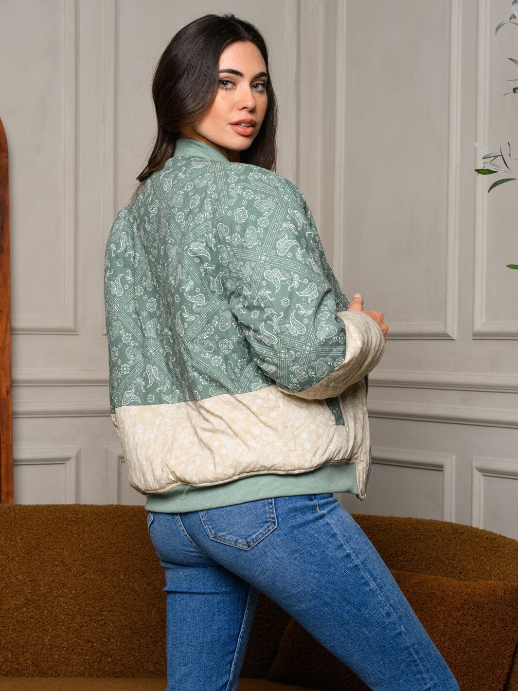 WOMEN'S LONG SLEEVE BANDANA PRINT PUFF JACKET