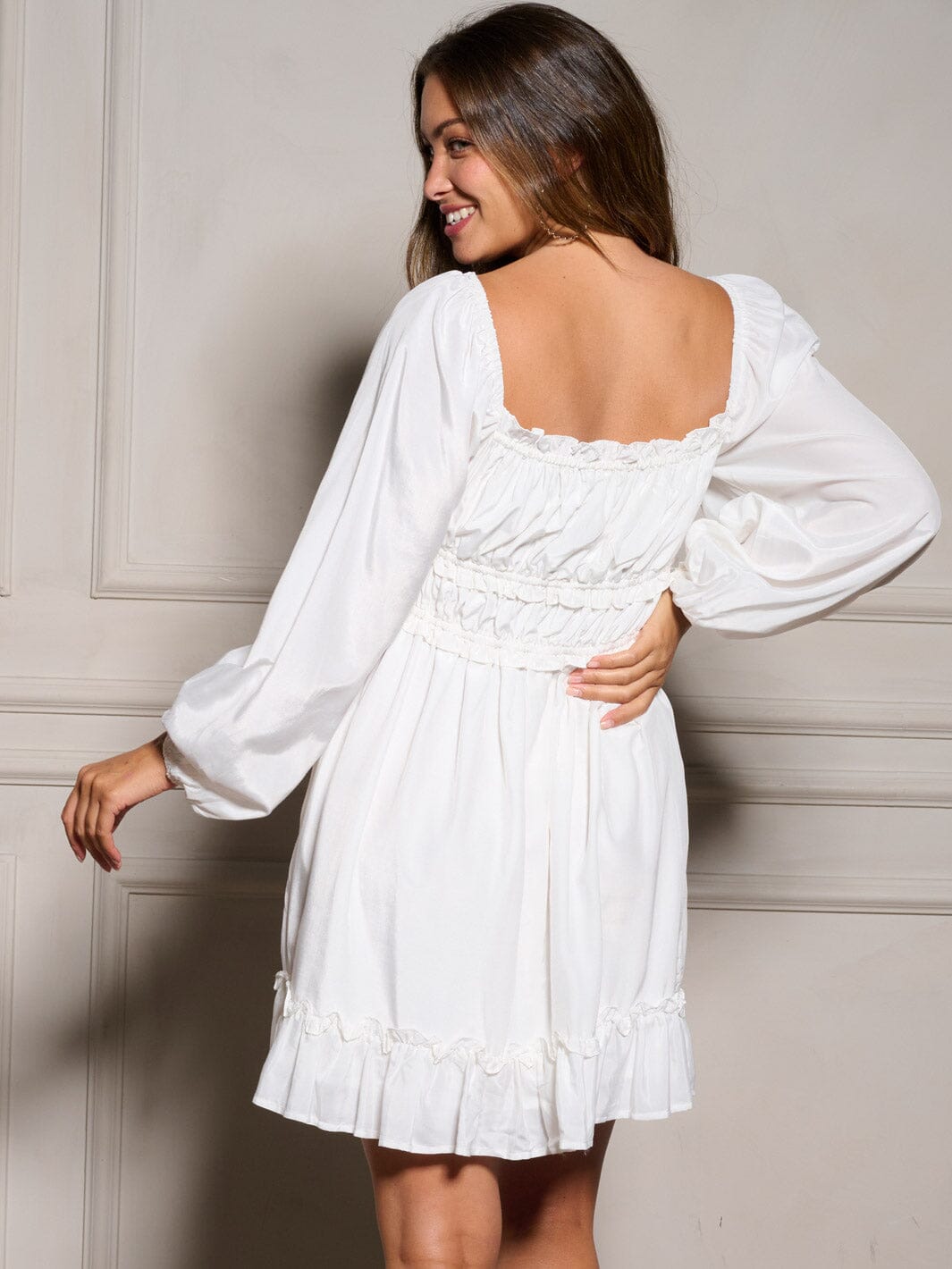 WOMEN'S LONG SLEEVE SQUARE NECK RUCHED RUFFLE MINI DRESS