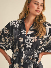 WOMEN'S SHORT SLEEVE BUTTON UP BELTED FRONT POCKETS FLORAL MINI DRESS