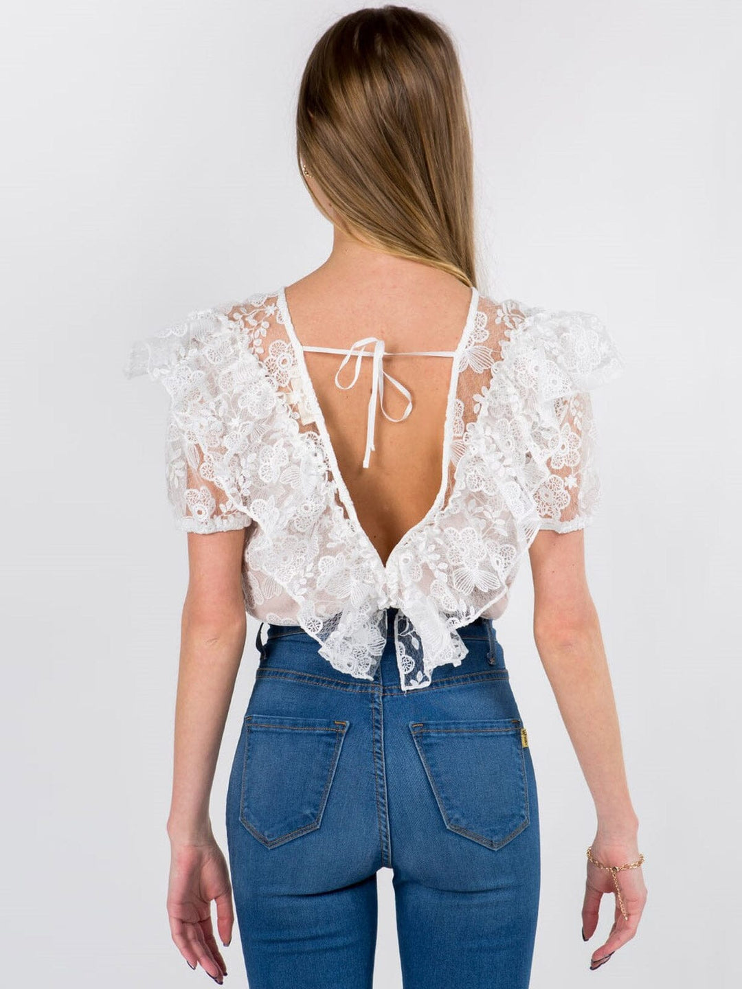 WOMENS SHORT SLEEVE RUFFLE V-NECK LACE BODYSUIT