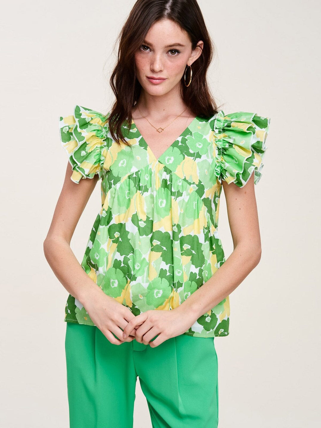 WOMENS SHORT SLEEVE V-NECK FLORAL RUFFLE BLOUSE TOP