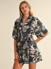 WOMEN'S SHORT SLEEVE BUTTON UP BELTED FRONT POCKETS FLORAL MINI DRESS