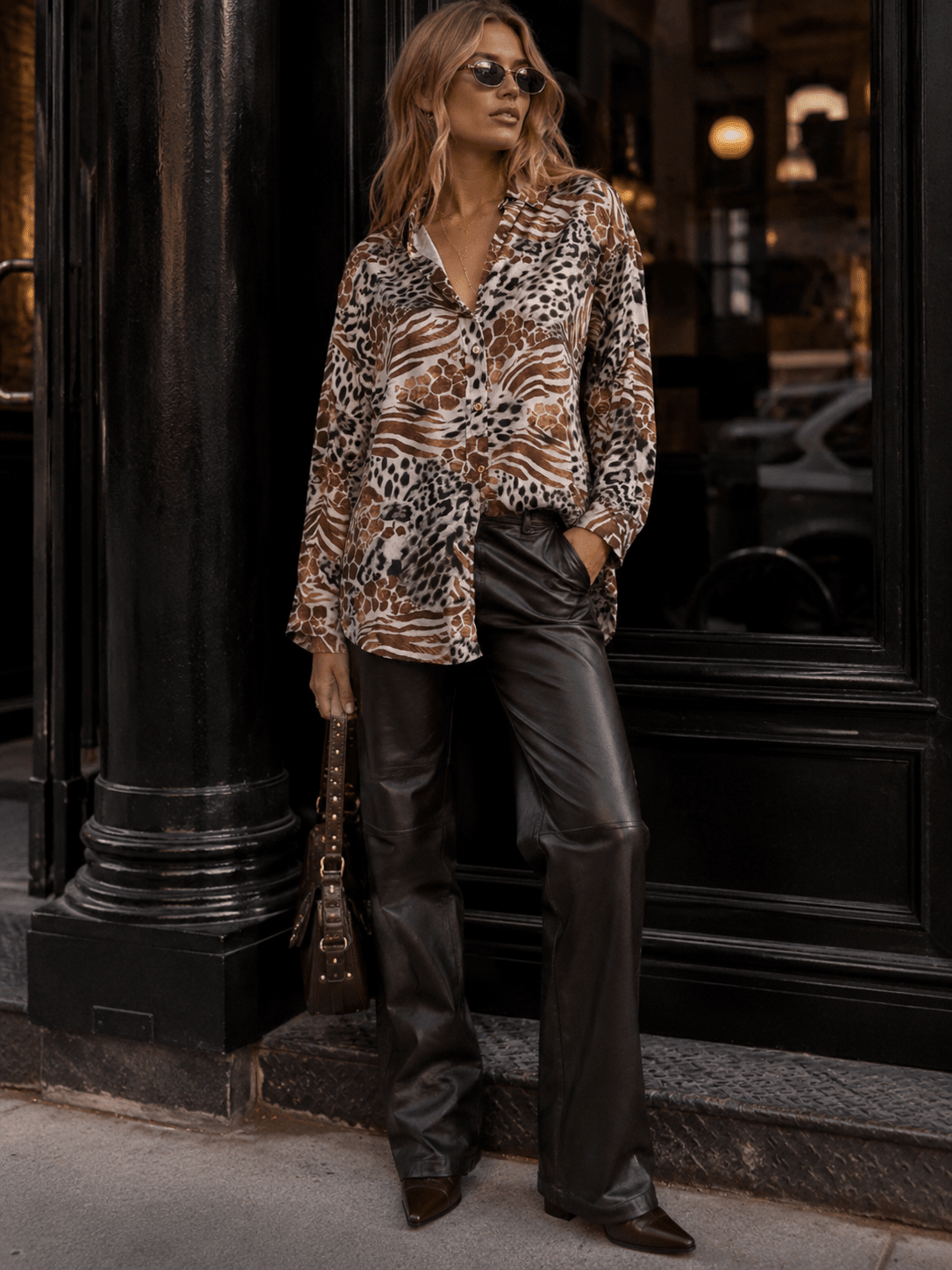 ******WOMEN'S LONG SLEEVE BUTTON UP HIGH-LOW ANIMAL PRINT BLOUSE