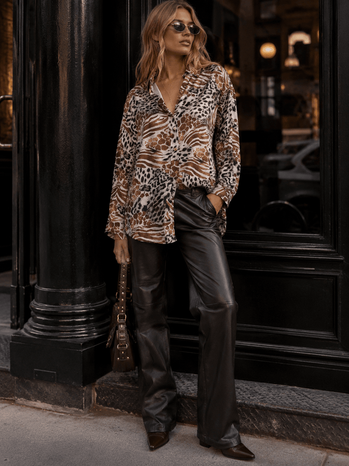 ******WOMEN'S LONG SLEEVE BUTTON UP HIGH-LOW ANIMAL PRINT BLOUSE