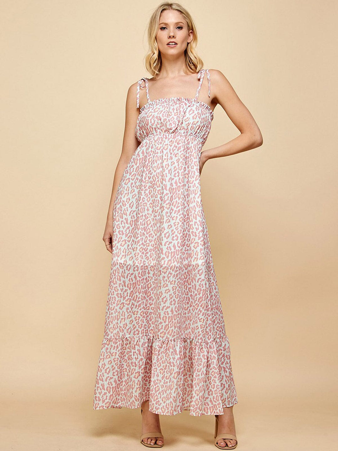 WOMEN'S SLEEVELESS ANIMAL PRINT TIERED MAXI DRESS