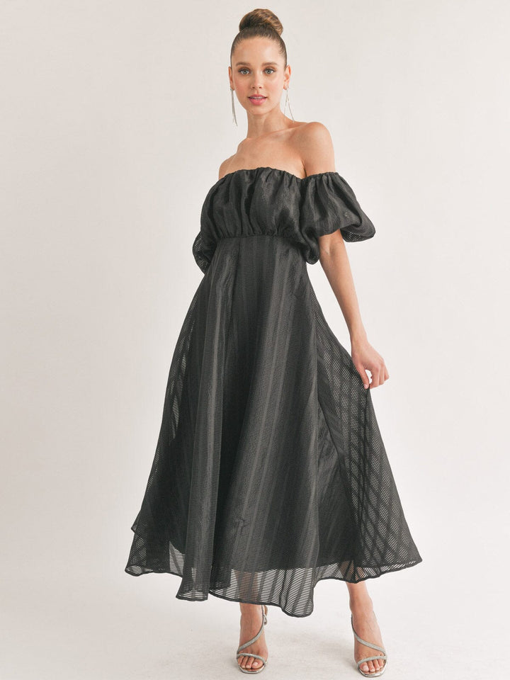 WOMEN'S OFF SHOULDER ELASTIC WAIST FIT & FLARE MAXI DRESS