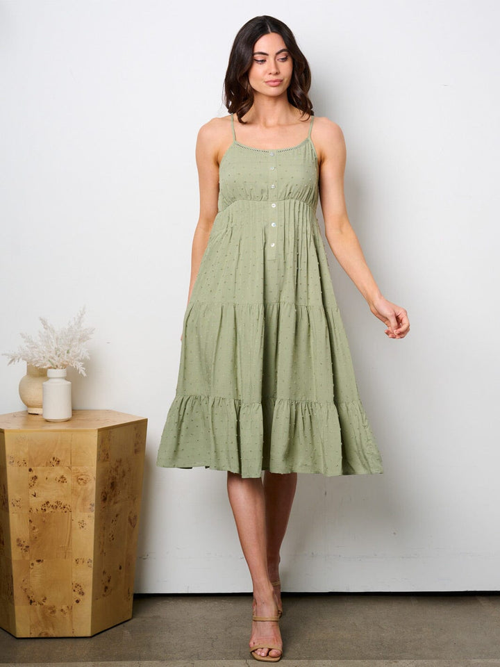 WOMEN'S SLEEVELESS TIERED SWISS DOTS MIDI DRESS