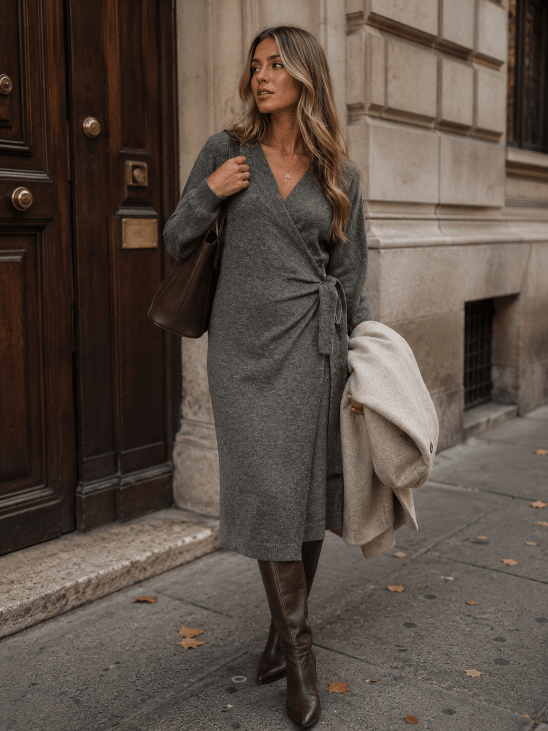 WOMEN'S LONG SLEEVE SELF TIE WRAP MIDI DRESS