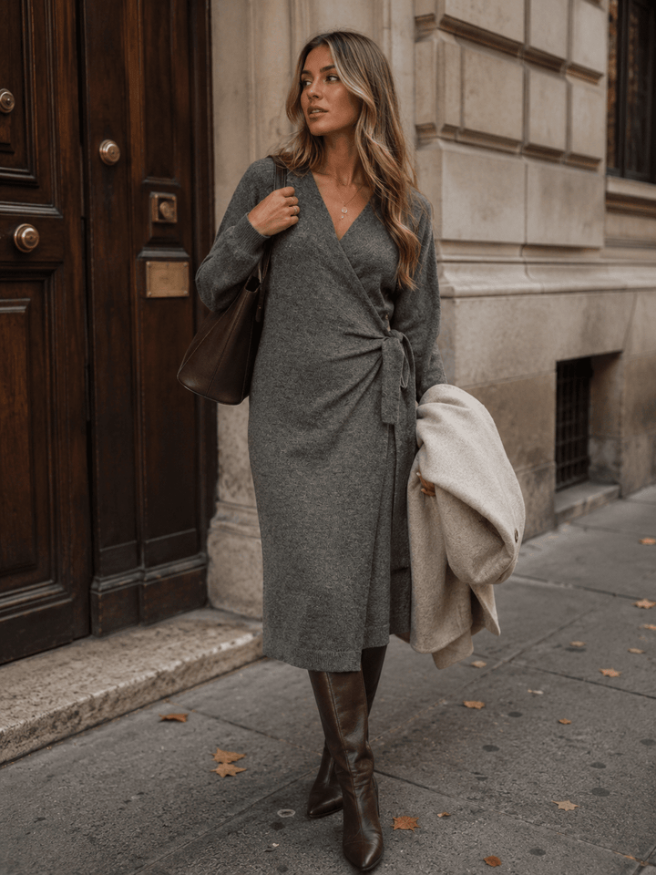 WOMEN'S LONG SLEEVE SELF TIE WRAP MIDI DRESS