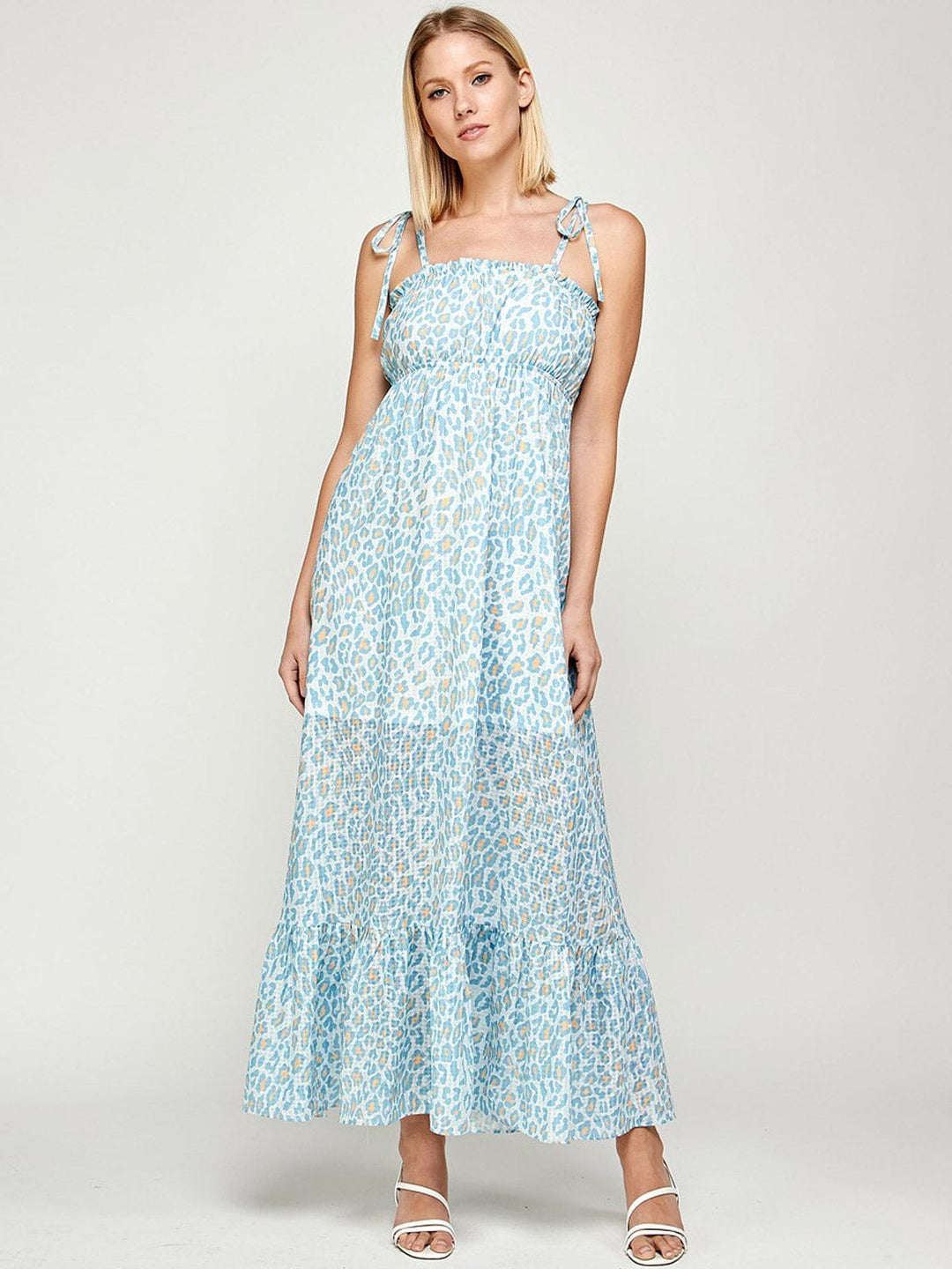 WOMEN'S SLEEVELESS ANIMAL PRINT TIERED MAXI DRESS