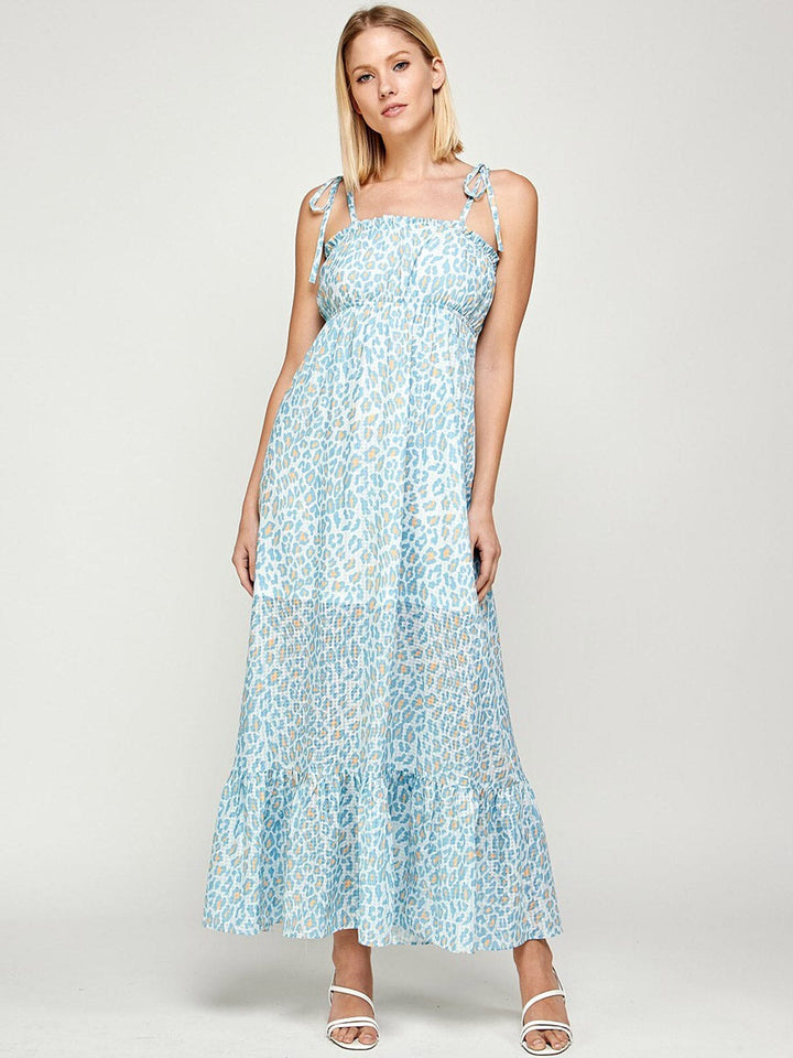 WOMEN'S SLEEVELESS ANIMAL PRINT TIERED MAXI DRESS