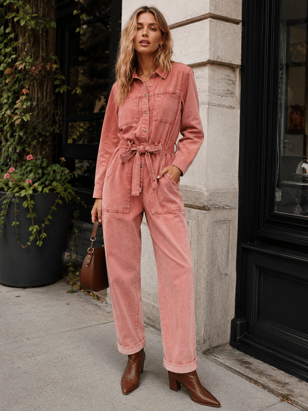 WOMEN'S LONG SLEEVE BUTTON UP SELF TIE STARIGHT LEG WASHED DENIM JUMPSUIT