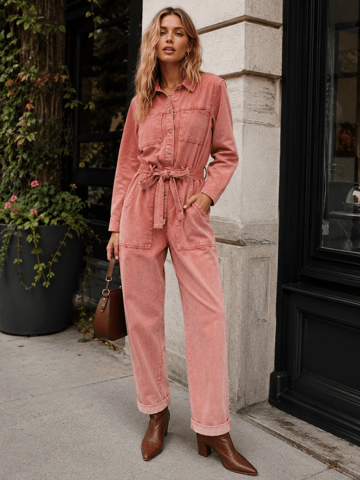 WOMEN'S LONG SLEEVE BUTTON UP SELF TIE STARIGHT LEG WASHED DENIM JUMPSUIT