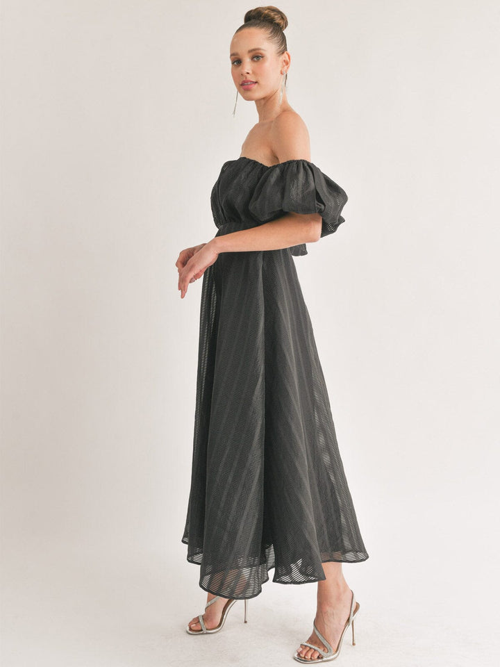 WOMEN'S OFF SHOULDER ELASTIC WAIST FIT & FLARE MAXI DRESS