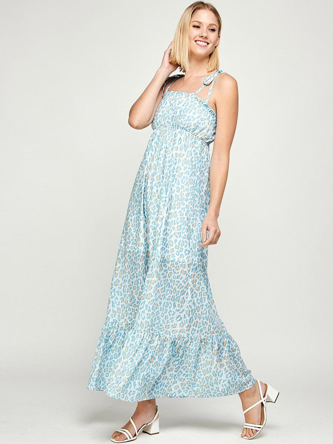 WOMEN'S SLEEVELESS ANIMAL PRINT TIERED MAXI DRESS