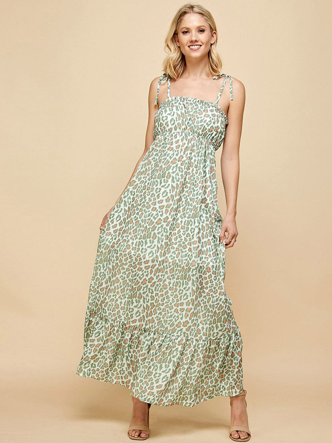 WOMEN'S SLEEVELESS ANIMAL PRINT TIERED MAXI DRESS