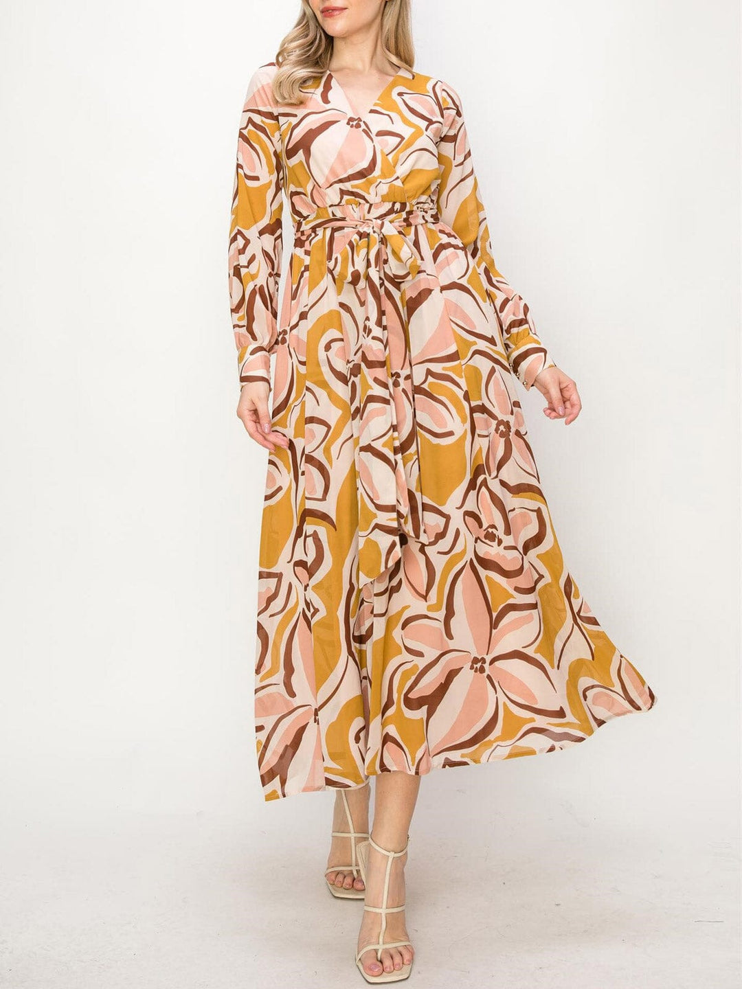 WOMEN'S LONG SLEEVE MULTI PRINT SURPLICE MAXI DRESS