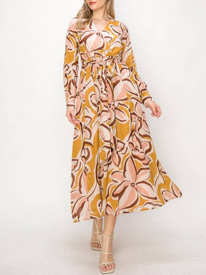 WOMEN'S LONG SLEEVE MULTI PRINT SURPLICE MAXI DRESS