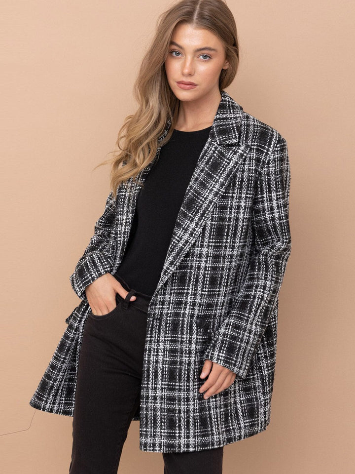 WOMEN'S LONG SLEEVE BUTTON CLOSURE POCKETS PLAID BLAZER