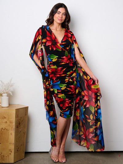 WOMEN'S LONG BELL SLEEVE V-NECK RUCHED FLORAL MIDI DRESS