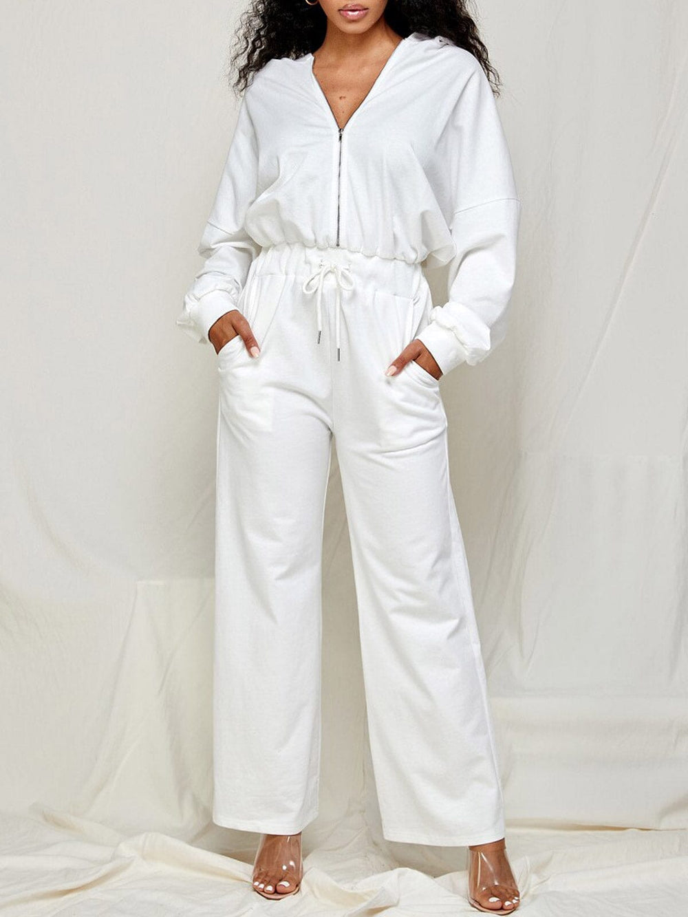 WOMEN'S LONG SLEEVE ZIP UP HOODED WIDE LEG JUMPSUIT