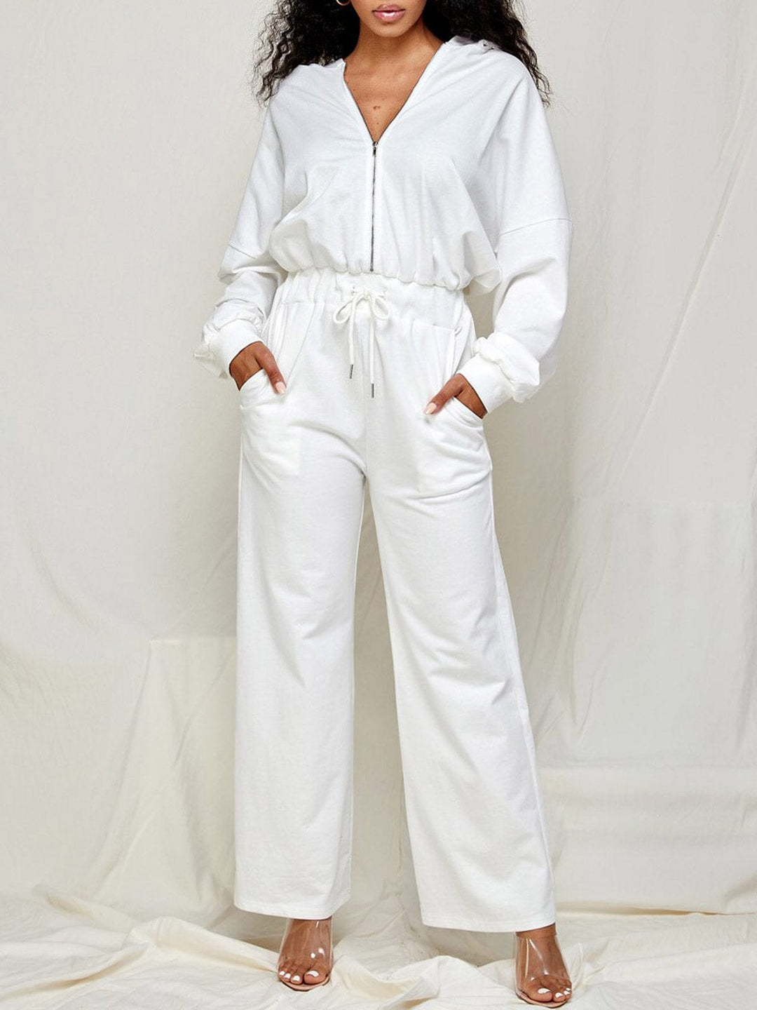 WOMEN'S LONG SLEEVE ZIP UP HOODED WIDE LEG JUMPSUIT