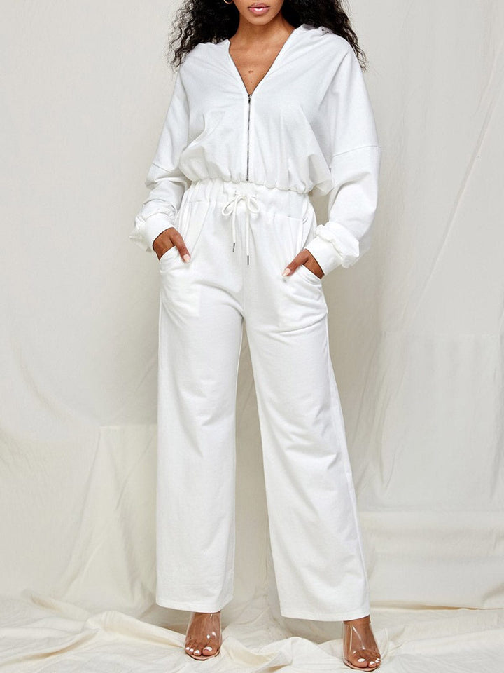 WOMEN'S LONG SLEEVE ZIP UP HOODED WIDE LEG JUMPSUIT