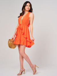 WOMEN'S SLEEVELESS V-NECK RUFFLE TRIM DETAILED MINI DRESS