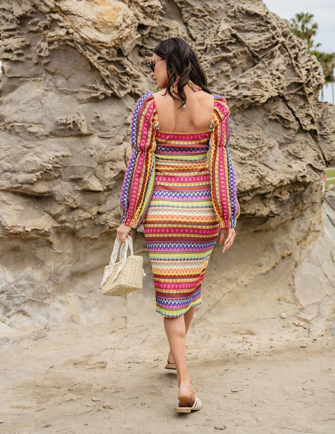 WOMEN'S LONG SLEEVE NECK TIE BODYCON MULTI MIDI DRESS