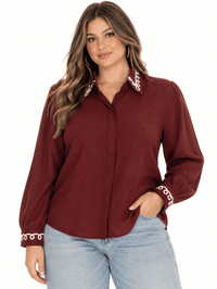 PLUS SIZE LONG SLEEVE BUTTON UP EMBROIDERY TRIM DETAILED BLOUSE