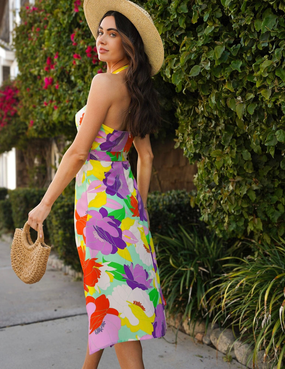 WOMEN'S SLEEVELESS HALTER NECK FLORAL MIDI DRESS