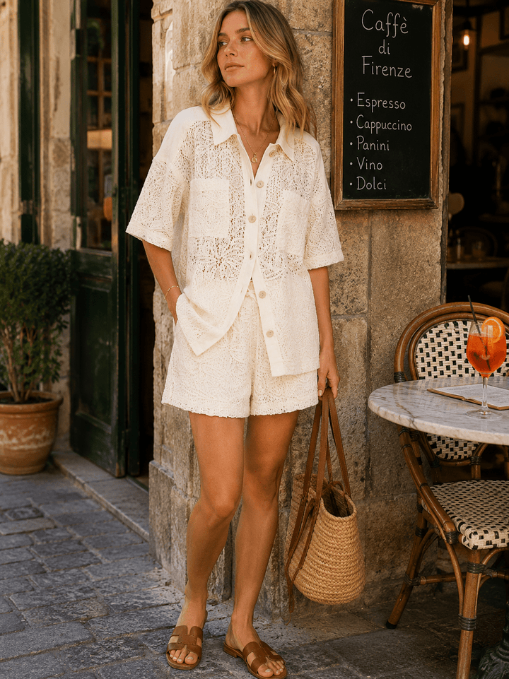 WOMEN'S SHORT SLEEVE BLOUSE & ELASTIC WAIST SHORTS CONTRAST CROCHET 2PC. SET