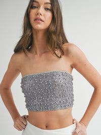 WOMEN'S SLEEVELESS SEQUINS PEARL TUBE CROP TOP