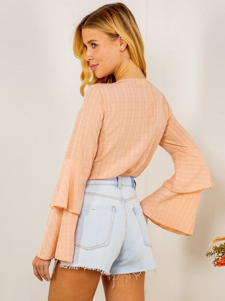 WOMENS LONG RUFFLE SLEEVE V-NECK BODYSUIT