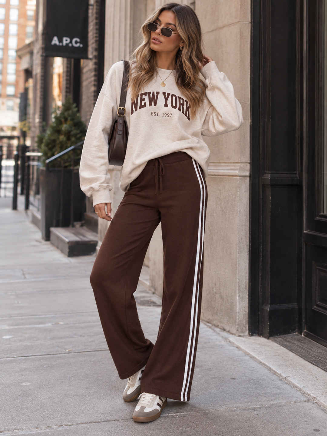 WOMEN'S ELASTIC WAIST SIDE STRIPES KNIT WIDE LEG PANTS