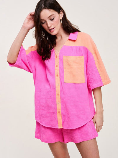 WOMENS SHORT SLEEVE BUTTON UP COLORBLOCK TOP