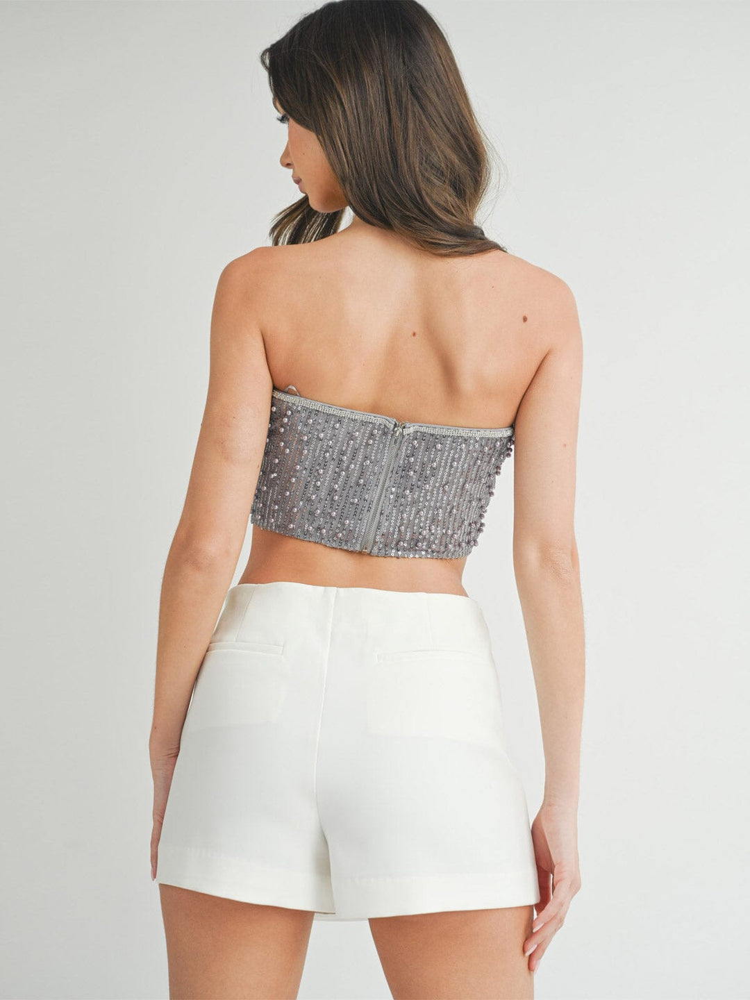 WOMEN'S SLEEVELESS SEQUINS PEARL TUBE CROP TOP