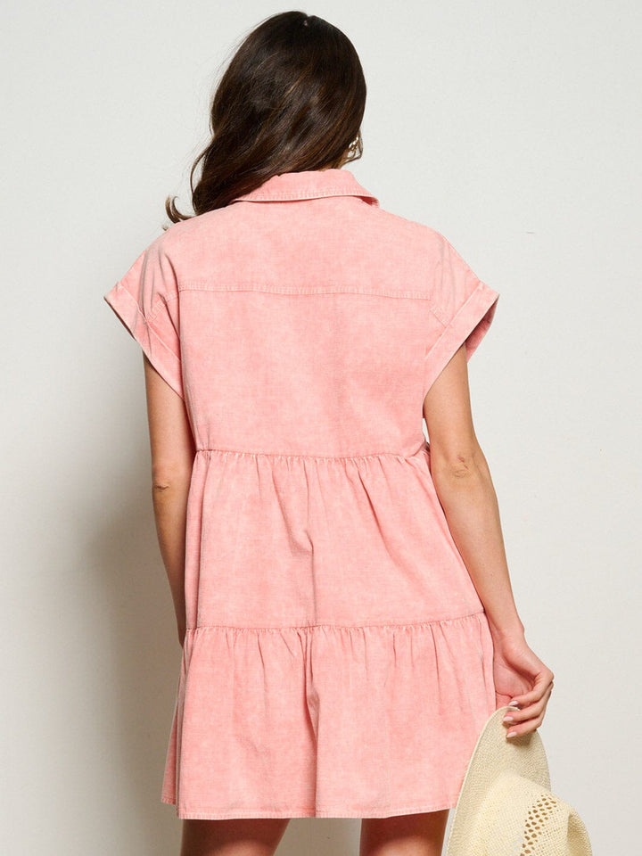WOMEN'S SHORT SLEEVE BUTTON UP TIERED POCKETS DENIM MINI DRESS