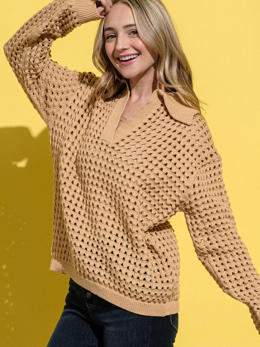 WOMEN'S LONG SLEEVE V-NECK LOOSE FIT KNIT TOP