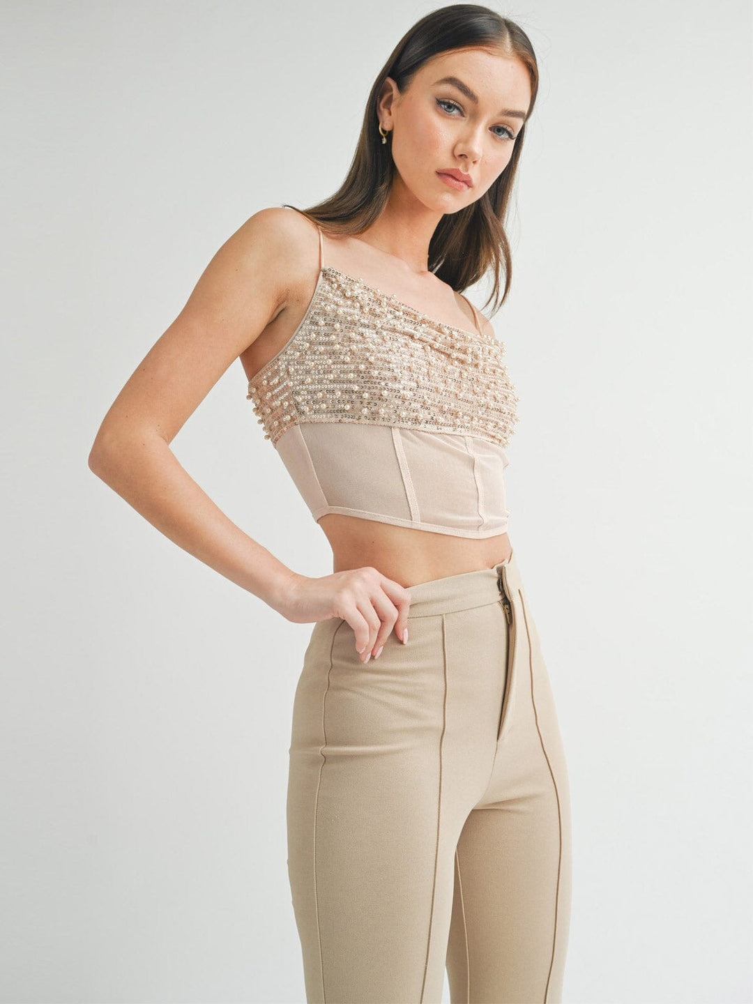 WOMEN'S SLEEVELESS SEQUINS PEARL MESH CROP TOP