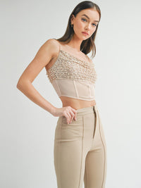 WOMEN'S SLEEVELESS SEQUINS PEARL MESH CROP TOP