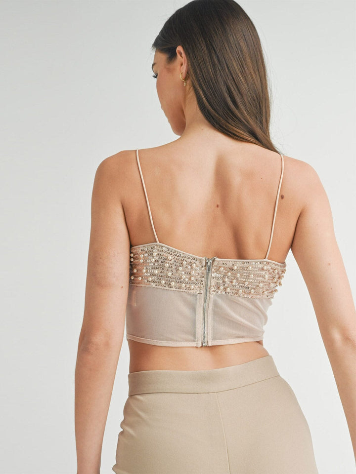 WOMEN'S SLEEVELESS SEQUINS PEARL MESH CROP TOP