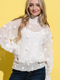 WOMEN'S LONG SLEEVE SMOCK TURTLE NECK SWISS DETAILED BLOUSE