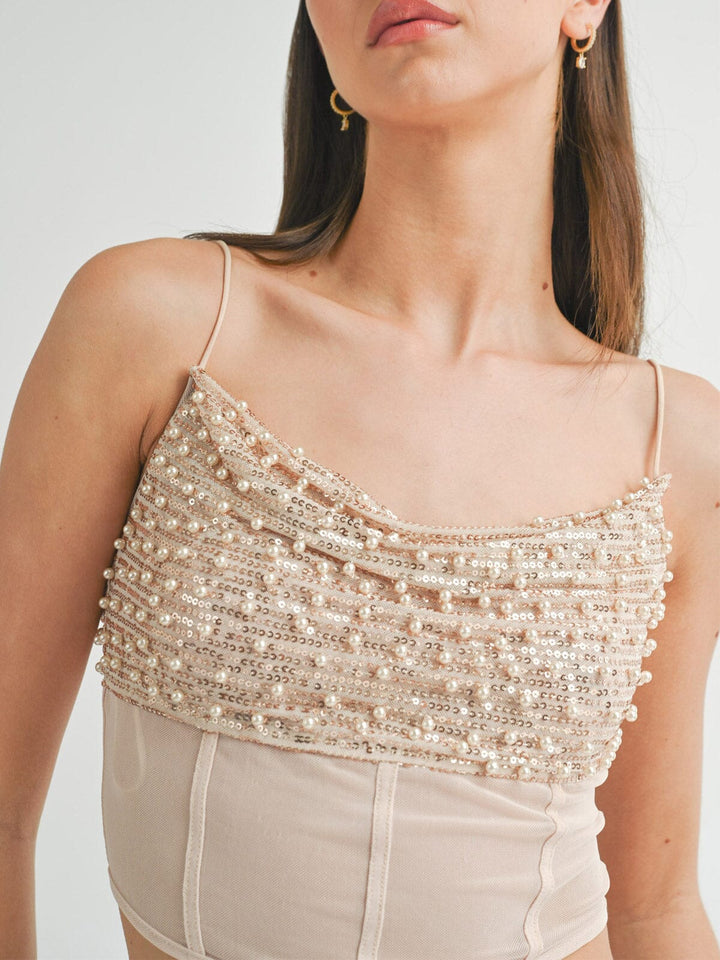 WOMEN'S SLEEVELESS SEQUINS PEARL MESH CROP TOP