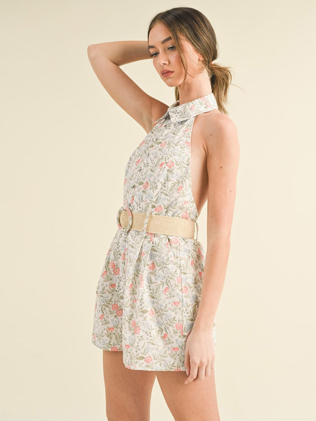 WOMEN'S SLEEVELESS HALTER NECK OPEN BACK FLORAL BELTED ROMPER