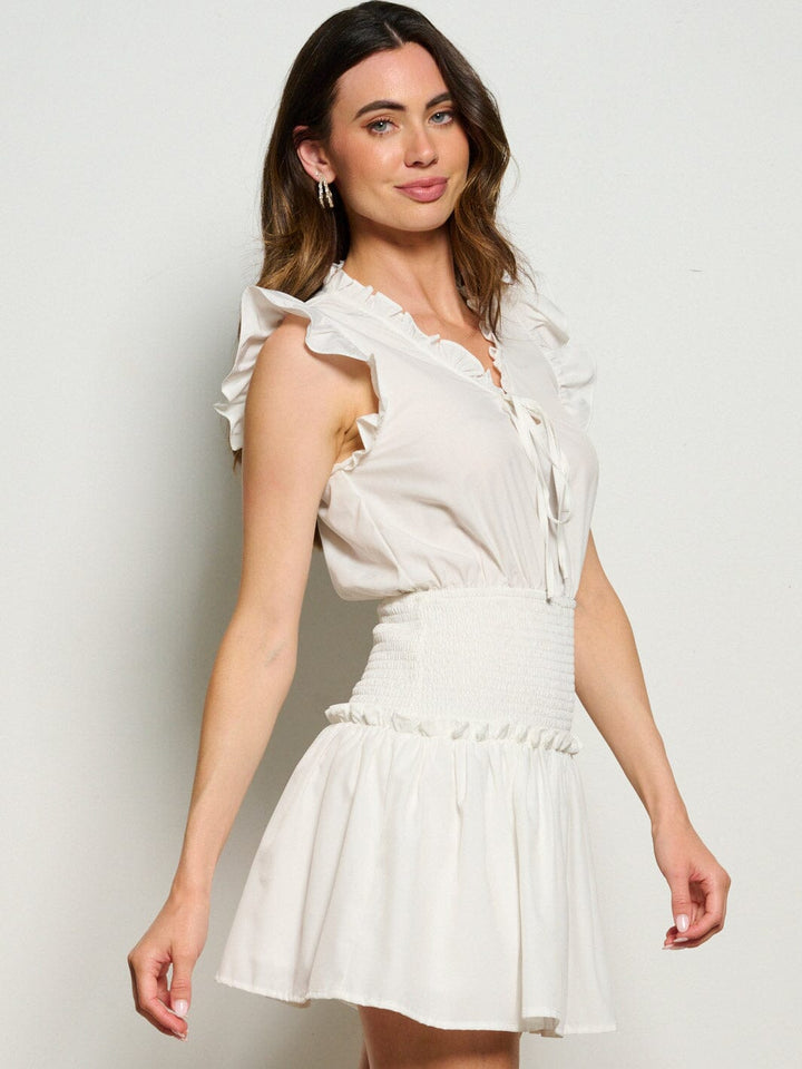 WOMEN'S RUFFLE SLEEVE V-NECK SMOCK FIT & FLARE MINI DRESS