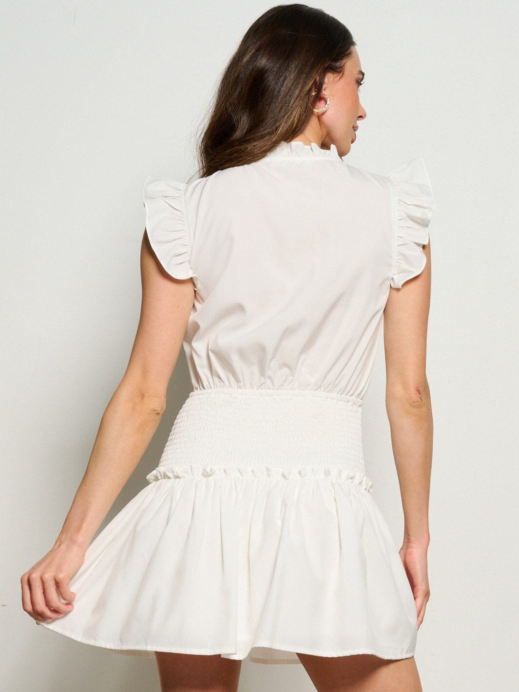 WOMEN'S RUFFLE SLEEVE V-NECK SMOCK FIT & FLARE MINI DRESS