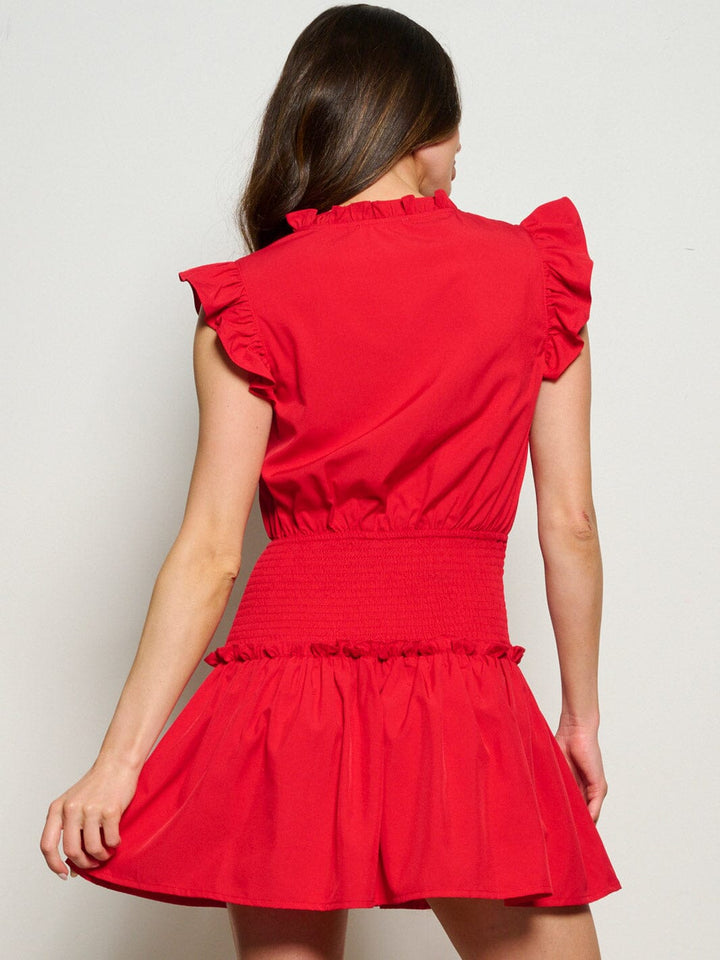 WOMEN'S RUFFLE SLEEVE V-NECK SMOCK FIT & FLARE MINI DRESS